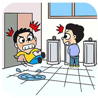 전신 남자 어린이 일러스트 학교 안전 사람 두명 스쿨라이프 놀람 미끄러짐 화장실 안전수칙 소변기 어린이만 국내일러스트 AI파일 라이프스타일 교육 감정 모션 표정 파일형식 벡터