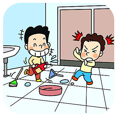 전신 남자 어린이 일러스트 장난 학교 안전 사람 두명 스쿨라이프 놀람 청소도구 청소 뿌리기 세제 화장실 안전수칙 곤란 국내일러스트 AI파일 라이프스타일 교육 감정 모션 표정 도구 파일형식 벡터