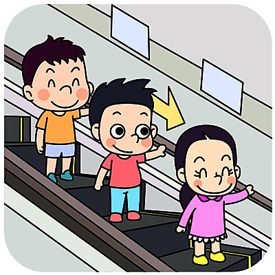 전신 여자 남자 어린이 일러스트 손잡이 서기 미소 안전 사람 세명 잡기 안전수칙 에스컬레이터 어린이만 국내일러스트 AI파일 모션 표정 파일형식 벡터