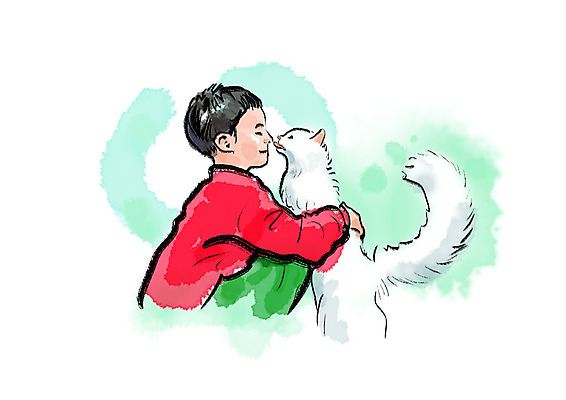 PSD 한마리 남자 어린이 일러스트 안기 붓터치 수채화 한명 미소 사람 상반신 반려동물 고양이 번짐 소통 반려 소년한명만 반려묘 국내일러스트 동물 1 컨셉 포유류 모션 표정 남자한명만 소년만 파일형식 효과