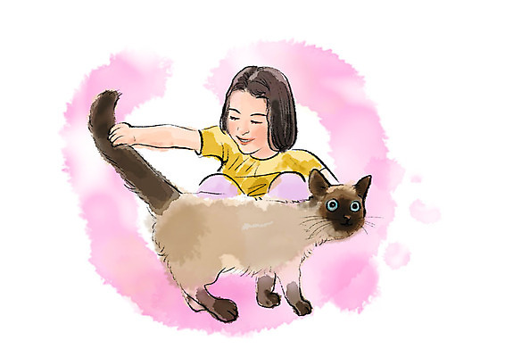 PSD 한마리 여자 어린이 일러스트 붓터치 수채화 한명 미소 사람 상반신 반려동물 고양이 만지기 꼬리 번짐 반려 샴고양이 소녀한명만 반려묘 국내일러스트 동물 1 포유류 모션 표정 여자한명만 소녀만 파일형식 효과