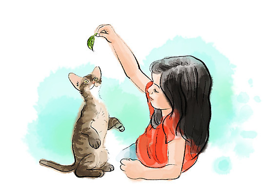 PSD 한마리 여자 어린이 일러스트 장난 놀이 붓터치 나뭇잎 수채화 한명 미소 사람 상반신 반려동물 고양이 즐거움 번짐 반려 소녀한명만 반려묘 국내일러스트 동물 1 감정 잎 포유류 표정 여자한명만 소녀만 파일형식 효과