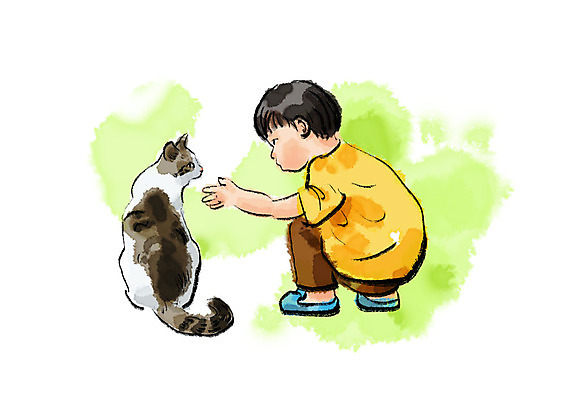 PSD 한마리 응시 남자 어린이 일러스트 붓터치 수채화 한명 사람 반려동물 고양이 만지기 번짐 반려 소년한명만 반려묘 국내일러스트 동물 1 시선 포유류 모션 남자한명만 소년만 파일형식 효과