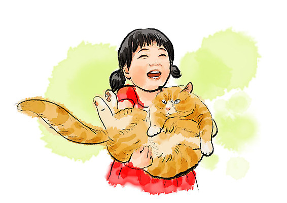 PSD 한마리 여자 어린이 일러스트 안기 붓터치 수채화 한명 사람 상반신 반려동물 고양이 즐거움 번짐 반려 소녀한명만 반려묘 국내일러스트 동물 1 감정 포유류 모션 여자한명만 소녀만 파일형식 효과