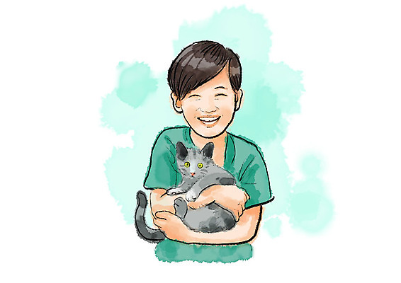 PSD 한마리 남자 어린이 일러스트 안기 붓터치 수채화 한명 웃음 사람 반려동물 고양이 번짐 반려 소년한명만 반려묘 국내일러스트 동물 1 포유류 모션 표정 남자한명만 소년만 파일형식 효과