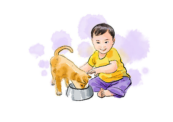 전신 PSD 한마리 남자 일러스트 붓터치 수채화 한명 미소 사람 반려동물 만지기 아기 강아지 번짐 개밥그릇 반려 토종개 남자아기한명만 국내일러스트 동물 1 그릇 모션 표정 개 애견용품 남자한명만 남자아기만 파일형식 효과