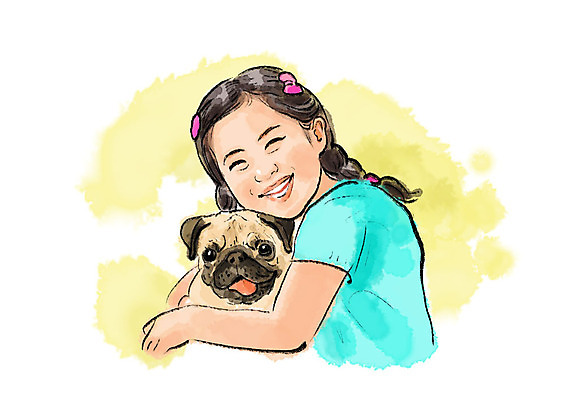 PSD 한마리 여자 어린이 일러스트 안기 붓터치 수채화 사랑 한명 미소 사람 상반신 반려동물 강아지 번짐 반려 퍼그 소녀한명만 국내일러스트 동물 1 감정 모션 표정 개 여자한명만 소녀만 파일형식 효과