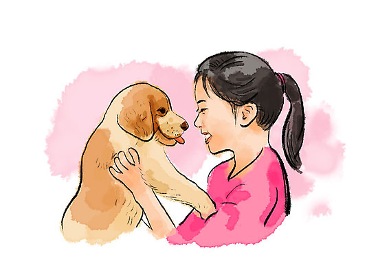 PSD 한마리 여자 어린이 일러스트 안기 붓터치 수채화 한명 미소 사람 상반신 반려동물 강아지 번짐 반려 소녀한명만 국내일러스트 동물 1 모션 표정 개 여자한명만 소녀만 파일형식 효과