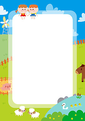 여자 어린이 여러마리 일러스트 하늘 오리 프레임 미소 사람 앉기 초원 두명 울타리 손잡기 목장 연못 양 말_동물 돼지 언덕 어린이세상 천진난만 프레임일러스트 소녀만 국내일러스트 AI파일 다수 컨셉 포유류 모션 조류 표정 담장 여자만 어린이만 파일형식 벡터