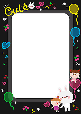 전신 여자 어린이 일러스트 검은배경 프레임 미소 들기 사람 두명 귀여움 손잡기 토끼 어린이세상 풍선 천진난만 프레임일러스트 소녀만 국내일러스트 AI파일 백그라운드 컨셉 포유류 모션 표정 반려동물 검은색 여자만 어린이만 파일형식 벡터