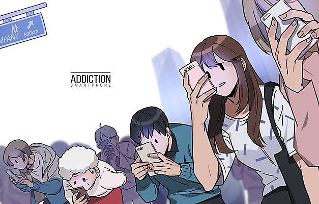 PSD 응시 여자 노년 남자 일러스트 사람 여러명 상반신 성인 스마트폰 표지판 사회이슈 집중 중독 스마트폰중독 스몸비 국내일러스트 시선 다수 컨셉 알림판 핸드폰 스마트기기 신조어 파일형식