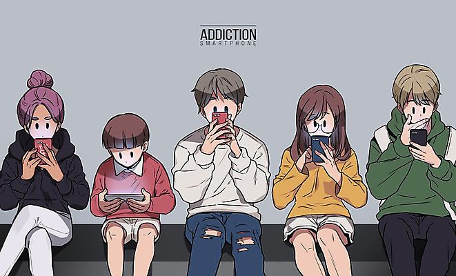 PSD 응시 여자 남자 어린이 일러스트 청소년 회색배경 사람 앉기 여러명 상반신 성인 스마트폰 터치 사회이슈 집중 중독 스마트폰중독 스몸비 국내일러스트 시선 다수 백그라운드 컨셉 모션 핸드폰 스마트기기 회색 신조어 파일형식