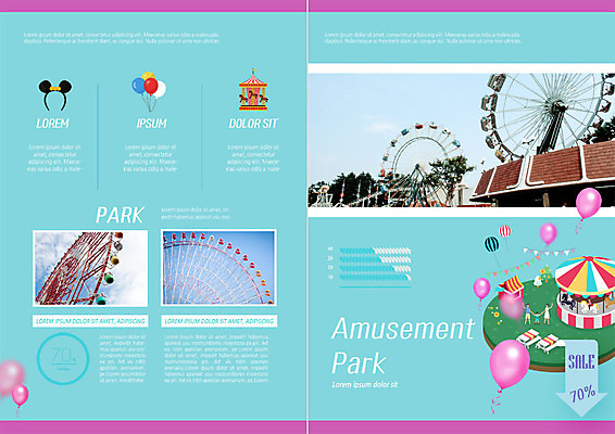 PSD 템플릿 표지디자인 북디자인 출판디자인 여자 남자 내지 리플렛 하늘색 2단접지 북커버 가족 팜플렛 성인 세명 소풍 놀이공원 아기 머리띠 대관람차 풍선 회전목마 이미지템플릿 장신구 관계 사람 파란색 야외활동 테마파크 놀이기구 파일형식