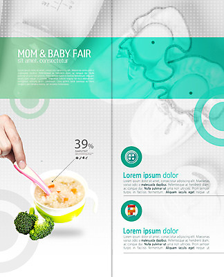 PSD 템플릿 표지디자인 북디자인 손 출판디자인 내지 리플렛 2단접지 북커버 한손 한명 사람 팜플렛 성인 신체부위 초록색 회색 젖병 브로콜리 유기농 이유식 박람회 이미지템플릿 1 웰빙 음식 컬러 채소 아기용품 파일형식