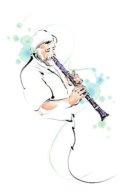 PSD 남자 중년 연주 일러스트 캘리그라피 붓터치 한명 사람 상반신 취미 연주자 번짐 클라리넷 열중 중년남자한명만 국내일러스트 1 음악 성인 음악가 목관악기 남자한명만 중년남자만 파일형식 효과