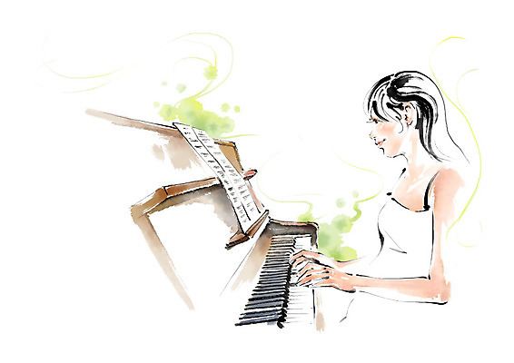 PSD 응시 여자 악기 연주 일러스트 캘리그라피 붓터치 한명 미소 사람 상반신 성인 취미 연주자 건반 피아노 악보 번짐 성인여자한명만 국내일러스트 1 시선 음악 표정 음악가 건반악기 여자한명만 성인여자만 파일형식 효과