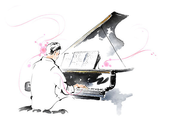 PSD 남자 악기 연주 일러스트 캘리그라피 붓터치 한명 사람 앉기 상반신 성인 취미 건반 피아노 악보 번짐 피아니스트 성인남자한명만 국내일러스트 1 음악 모션 연주자 건반악기 남자한명만 성인남자만 파일형식 효과