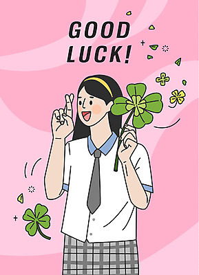 학생 응시 여학생 여자 교복 분홍색 일러스트 응원 청소년 표시 한명 미소 들기 사람 상반신 한글 수능 표어 행운 네잎클로버 수험생 합격기원 십대여자한명만 국내일러스트 AI파일 식물 문자 1 시선 옷 컬러 컨셉 모션 고등학생 표정 시험 클로버 합격 여자한명만 십대여자만 파일형식 벡터