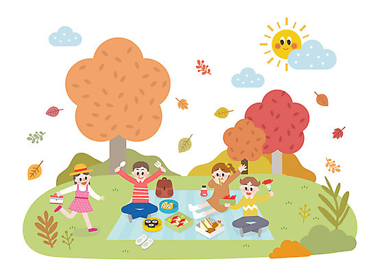 전신 학생 공원 여자 남자 어린이 단풍 낙엽 일러스트 단풍나무 미소 웃음 사람 앉기 잔디 여러명 야외 먹기 즐거움 돗자리 도시락 가을소풍 어린이만 국내일러스트 나무 식물 공공시설 감정 음식 다수 잎 모션 표정 소풍 가을_계절