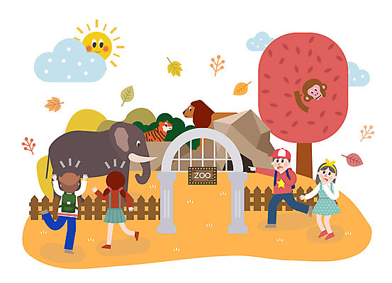 전신 학생 여자 남자 어린이 단풍 낙엽 여러마리 일러스트 단풍나무 코끼리 동물원 사람 여러명 야외 울타리 놀람 바위 원숭이 호랑이 사자 가을소풍 어린이만 국내일러스트 AI파일 나무 감정 다수 잎 포유류 표정 담장 소풍 돌_바위 파일형식 벡터 가을_계절