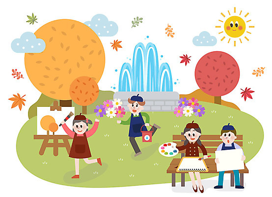 전신 학생 공원 여자 남자 어린이 단풍 벤치 일러스트 단풍나무 미소 사람 앉기 잔디 여러명 야외 붓 그리기 팔레트 스케치북 이젤 가을소풍 분수_분수대 어린이만 국내일러스트 AI파일 나무 식물 공공시설 다수 잎 의자 모션 학용품 표정 소풍 미술도구 분수대 파일형식 벡터 가을_계절