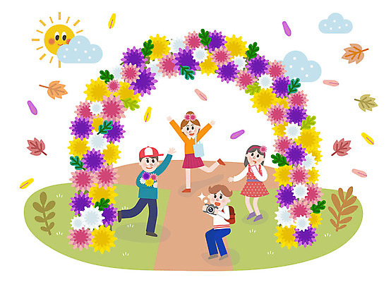 전신 학생 공원 여자 남자 꽃 어린이 단풍 낙엽 일러스트 국화 웃음 사람 잔디 여러명 야외 카메라 사진촬영 가을 즐거움 아치 가을소풍 꽃축제 어린이만 국화축제 가을축제 국내일러스트 AI파일 식물 계절 공공시설 감정 다수 잎 표정 전자제품 소풍 촬영 축제 파일형식 벡터 가을_계절