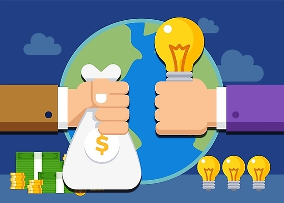 손 지구 지폐 일러스트 비즈니스 전구 아이디어 들기 사람 신체부위 달러 동전 거래 잡기 돈다발 금화 공정 국내일러스트 AI파일 컨셉 돈 모션 황금 파일형식 벡터