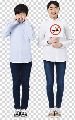 전신 편집이미지 여자 남자 청소년 미소 들기 사람 두명 앞모습 10대 팻말 한국인 찡그림 냄새 금연 담배연기 PNG 십대만 편집소스 캠페인 뷰포인트 모션 프레임 표정 동양인 연기 사회이슈 파일형식