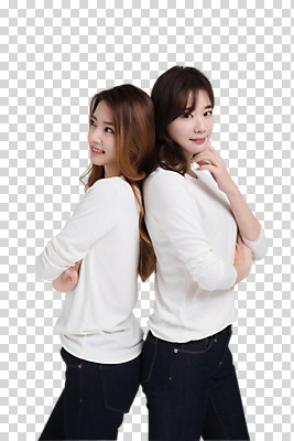 편집이미지 응시 여자 포즈 서기 미소 사람 상반신 20대 성인 두명 옆모습 캐주얼 30대 친구 팔짱 턱괴기 다정 한국인 등맞대기 PNG 성인여자만 편집소스 시선 옷 뷰포인트 컨셉 관계 모션 표정 동양인 청년 장년 여자만 성인만 파일형식