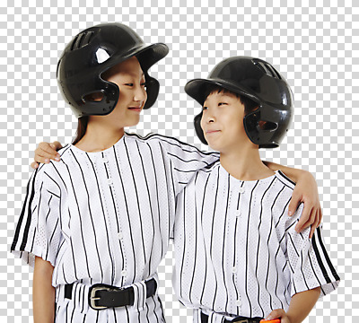 편집이미지 응시 여자 남자 어린이 어깨동무 서기 미소 사람 상반신 두명 앞모습 마주보기 야구 한국인 헬멧 야구복 PNG 어린이만 편집소스 시선 뷰포인트 포즈 모션 표정 동양인 운동복 구기 보호장비 파일형식