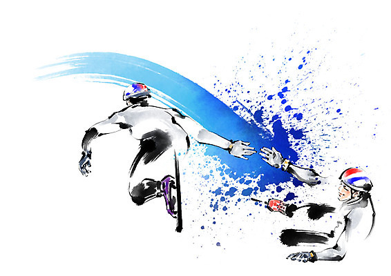 전신 PSD 남자 스포츠 일러스트 캘리그라피 붓터치 운동선수 사람 성인 두명 파란색 터치 번짐 스피드스케이팅 넘어짐 릴레이 릴레이경주 바톤터치 성인남자만 국내일러스트 컬러 모션 경기 스케이팅 남자만 성인만 파일형식 효과