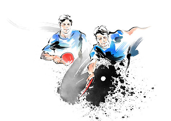 PSD 남자 스포츠 일러스트 캘리그라피 붓터치 미소 사람 상반신 성인 두명 탁구채 탁구 즐거움 번짐 탁구공 탁구선수 성인남자만 국내일러스트 감정 공 운동선수 표정 구기 라켓 탁구용품 남자만 성인만 파일형식 효과