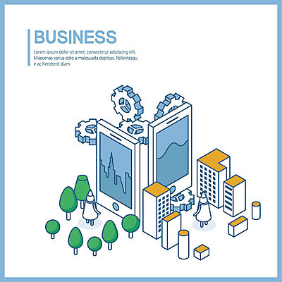 나무 하늘색 일러스트 비즈니스 요정 빌딩 사람없음 스마트폰 도시 톱니바퀴 아이소메트릭 국내일러스트 AI파일 식물 건물 파란색 핸드폰 스마트기기 파일형식 벡터