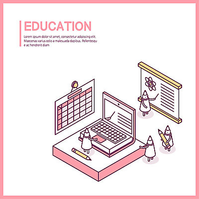 교육 분홍색 일러스트 그래프 요정 설명 사람없음 노트북 연필 시간표 강의 프레젠테이션 아이소메트릭 국내일러스트 AI파일 컬러 모션 학용품 전자제품 필기구 계획 파일형식 벡터