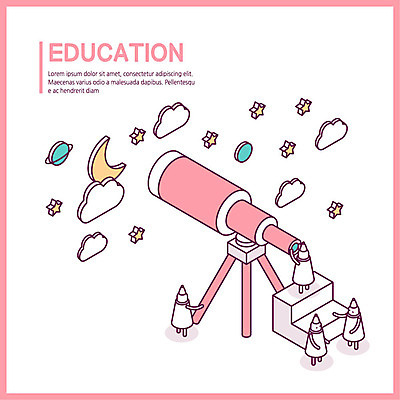 구름 응시 교육 별 분홍색 일러스트 요정 사람없음 우주 계단 망원경 행성 초승달 아이소메트릭 국내일러스트 AI파일 자연요소 시선 컬러 달 파일형식 벡터