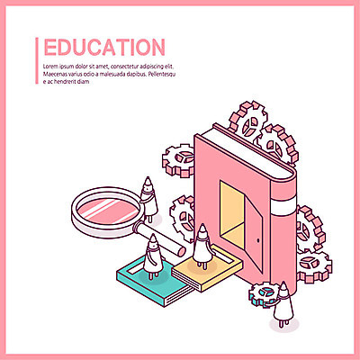 교육 분홍색 일러스트 돋보기 요정 사람없음 책 문 톱니바퀴 아이소메트릭 국내일러스트 AI파일 컬러 파일형식 벡터