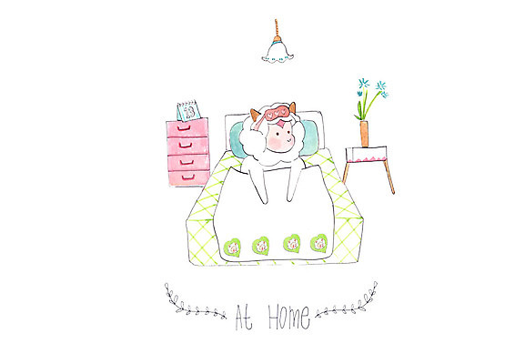 PSD 한마리 일러스트 베개 탁자 전등 수채화 사람없음 꽃병 이불 침대 양 서랍장 수면안대 국내일러스트 1 꽃 가구 포유류 침구 조명 안대 파일형식