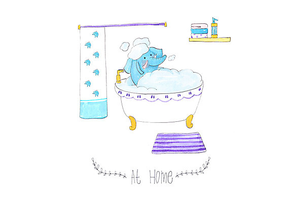 PSD 한마리 일러스트 코끼리 수채화 욕조 사람없음 수건 화장실 거품목욕 샤워커튼 국내일러스트 1 포유류 위생용품 목욕 거품 커튼 파일형식