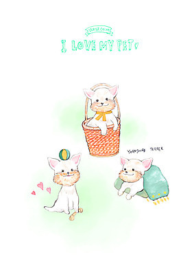 PSD 반려견 쿠션 일러스트 공 수채화 세마리 사랑 사람없음 반려동물 장난감 바구니 하트 담요 요크셔테리어 반려 국내일러스트 모양 동물 감정 3 개 테리어 파일형식