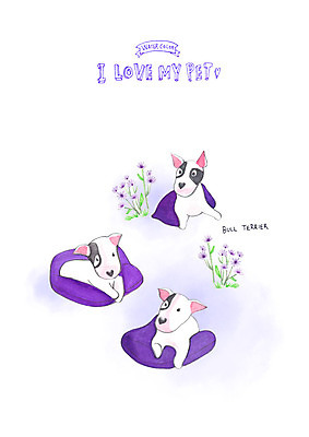 PSD 꽃 반려견 쿠션 일러스트 수채화 세마리 사랑 사람없음 반려동물 보라색 불테리어 반려 국내일러스트 식물 동물 감정 컬러 3 개 테리어 파일형식