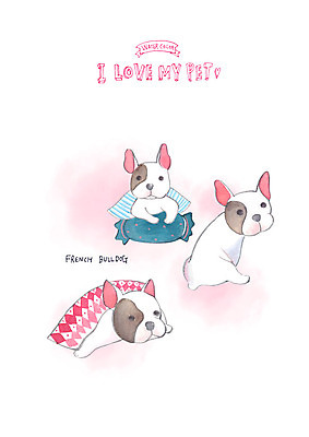 PSD 반려견 쿠션 일러스트 베개 수채화 세마리 사랑 사람없음 반려동물 담요 반려 프렌치불독 국내일러스트 동물 감정 침구 3 개 불독 파일형식