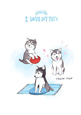 PSD 반려견 일러스트 공 수채화 쟁반 세마리 사랑 사람없음 반려동물 장난감 하트 담요 시베리안허스키 반려 국내일러스트 모양 동물 감정 3 개 파일형식