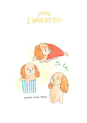 PSD 반려견 일러스트 수채화 세마리 사랑 사람없음 반려동물 바구니 담요 아메리칸코커스패니얼 반려 국내일러스트 동물 감정 3 코커스패니얼 개 파일형식