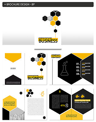 템플릿 ZIP 비즈니스 팜플렛 사람없음 노란색 검은색 스포이트 플라스크 시험관 육각형 인디자인 INDD 이미지템플릿 도형 컬러 실험기구 피펫 파일형식