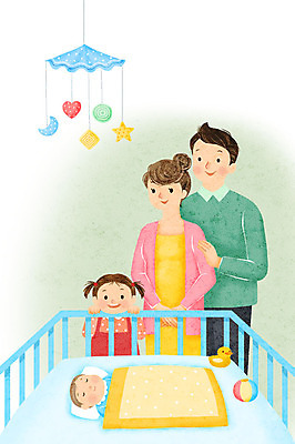 PSD 부부 여자 남자 행복 어린이 일러스트 가족 사랑 미소 사람 여러명 상반신 성인 눕기 아기 잠 사회이슈 모빌 아기침대 국내일러스트 커플 감정 다수 컨셉 관계 모션 표정 아기용품 침대 파일형식