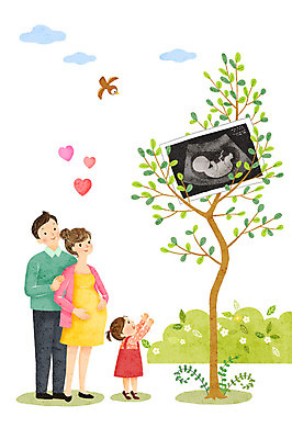 전신 PSD 나무 응시 여자 남자 행복 어린이 일러스트 가족 사랑 미소 사람 성인 세명 임산부 임신 사회이슈 즐거움 태아 초음파사진 국내일러스트 식물 시선 감정 컨셉 관계 표정 파일형식