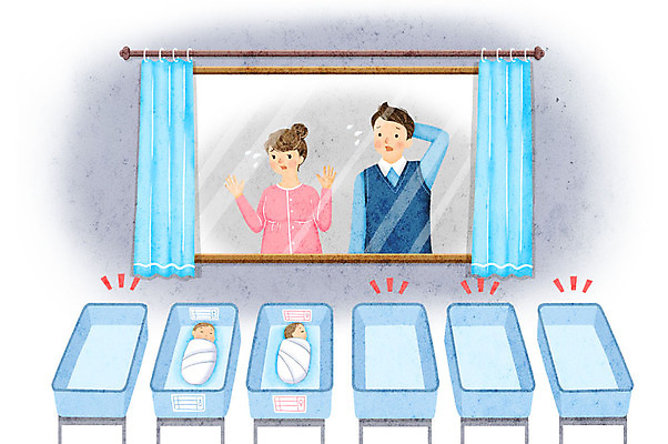 전신 PSD 부부 여자 남자 일러스트 가족 병원 사람 여러명 상반신 성인 아기 출산 사회이슈 산부인과 당황 빈자리 신생아실 저출산 국내일러스트 커플 감정 다수 컨셉 의학 관계 파일형식