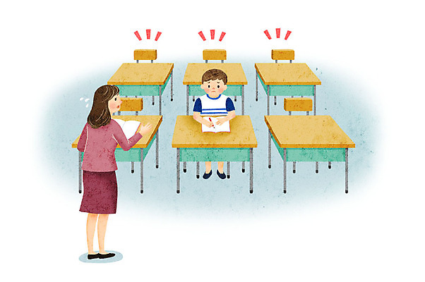 PSD 학생 여자 교육 남자 어린이 일러스트 교실 학교 사람 성인 두명 교사 공책 기록 사회이슈 책상 빈자리 울상 저출산 국내일러스트 직업 가구 컨셉 문구용품 파일형식