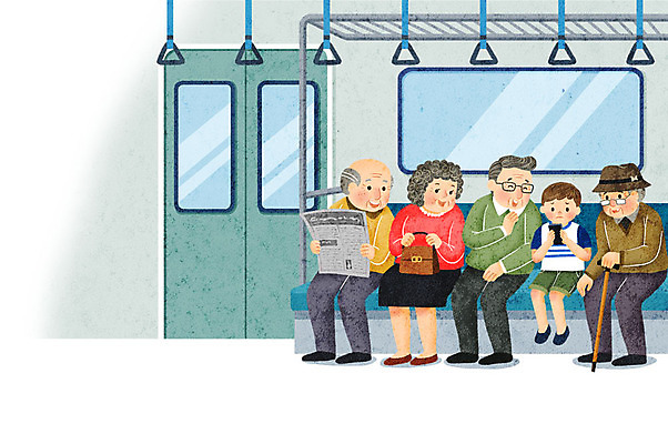 PSD 응시 여자 노년 남자 어린이 의자 일러스트 미소 사람 앉기 여러명 스마트폰 전철 사회이슈 고령화 관심 울상 저출산 국내일러스트 시선 육상교통 가구 다수 컨셉 모션 대중교통 표정 성인 핸드폰 스마트기기 파일형식