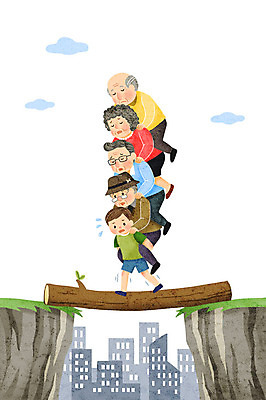 전신 PSD 여자 노년 남자 어린이 일러스트 사람 빌딩 여러명 절벽 고통 사회이슈 업기 건너기 고령화 외나무다리 힘듦 저출산 아슬아슬 국내일러스트 감정 다수 컨셉 모션 성인 건물 파일형식